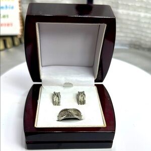 (Z4) 2 Piece Silver Chain Set1/10 CaratBlack Enhanced Diameter Earring and Ring